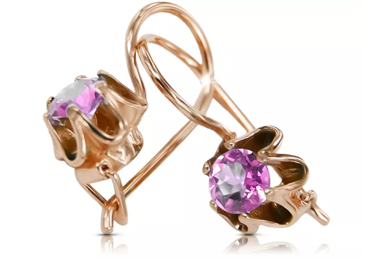 14 karatų raudonas rožinis auksas 14k 583 Amethyst auskarai vec013 Rusų Tarybinis TSRS Vintage Art Deco style